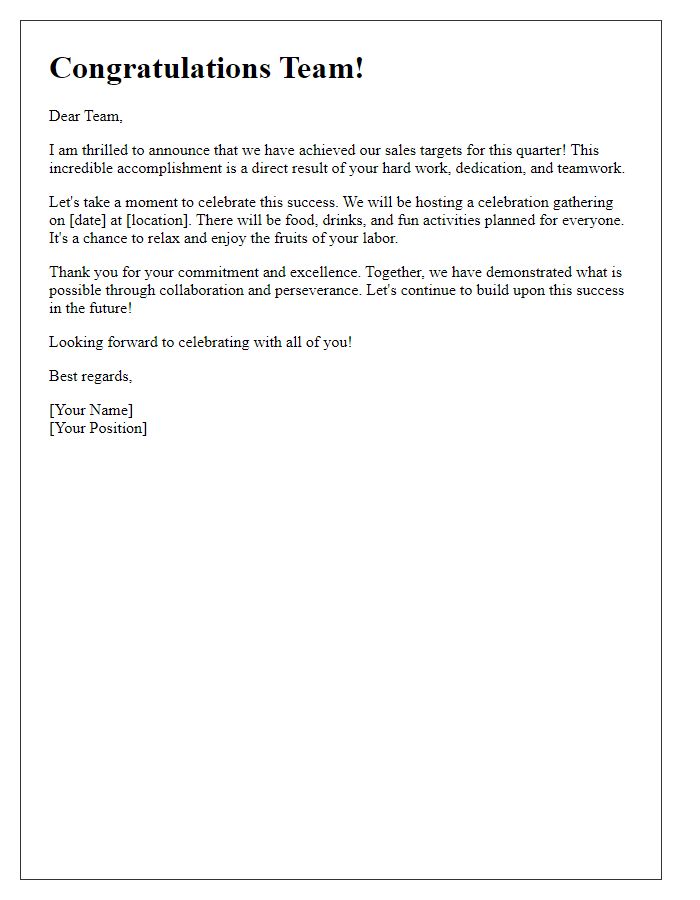 Letter template of celebration for team reaching sales targets.