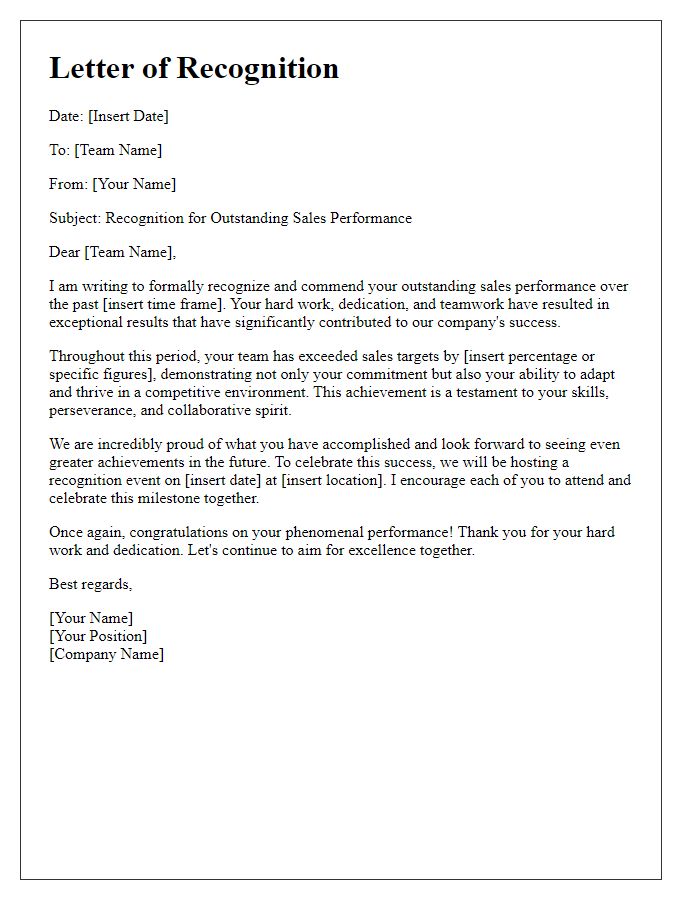 Letter template of recognition for outstanding sales performance by the team.