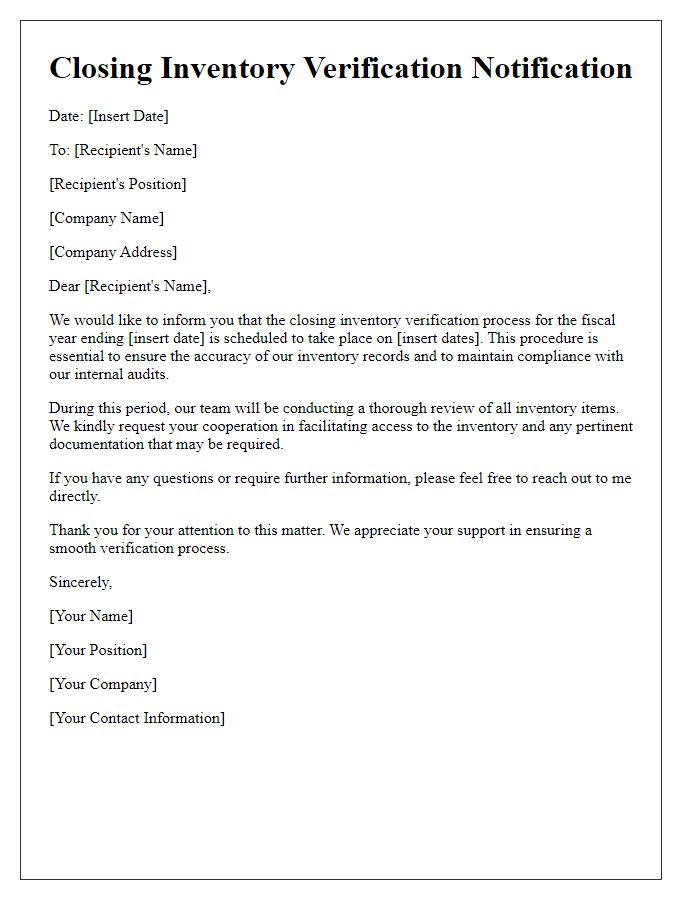 Letter template of closing inventory verification communication