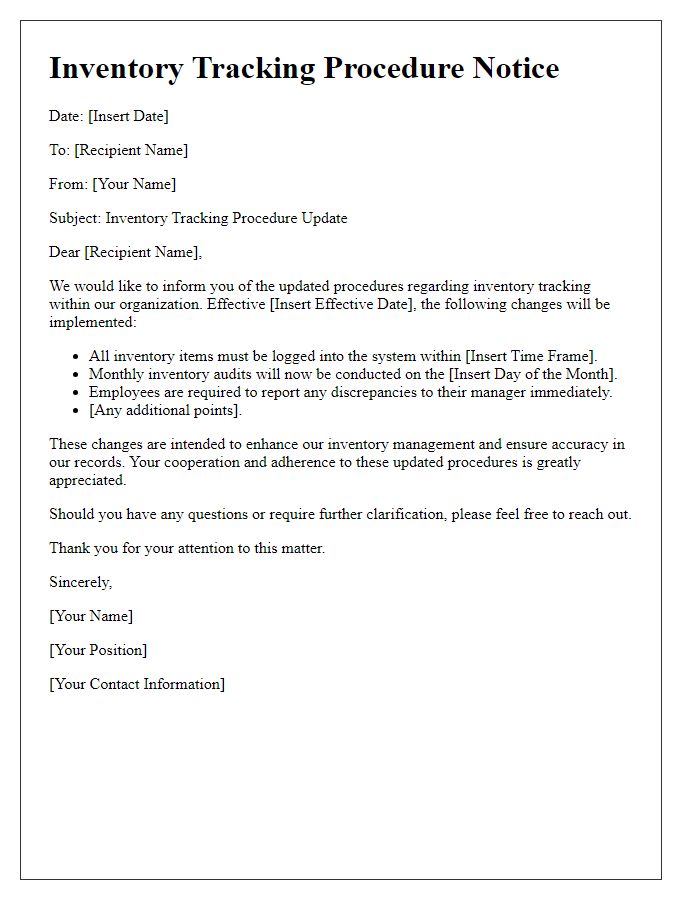 Letter template of inventory tracking procedure notice