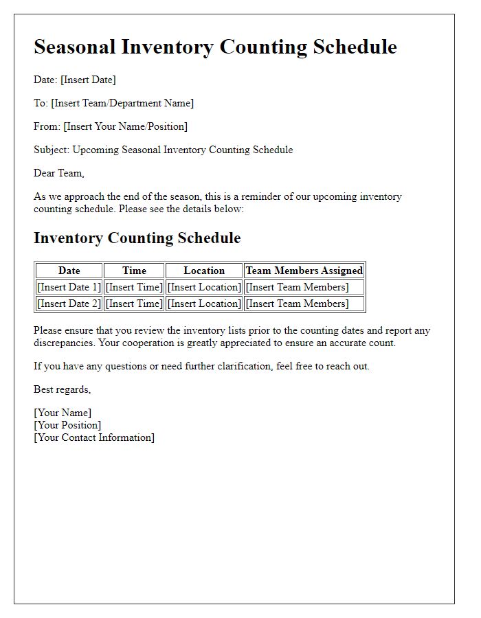 Letter template of seasonal inventory counting schedule