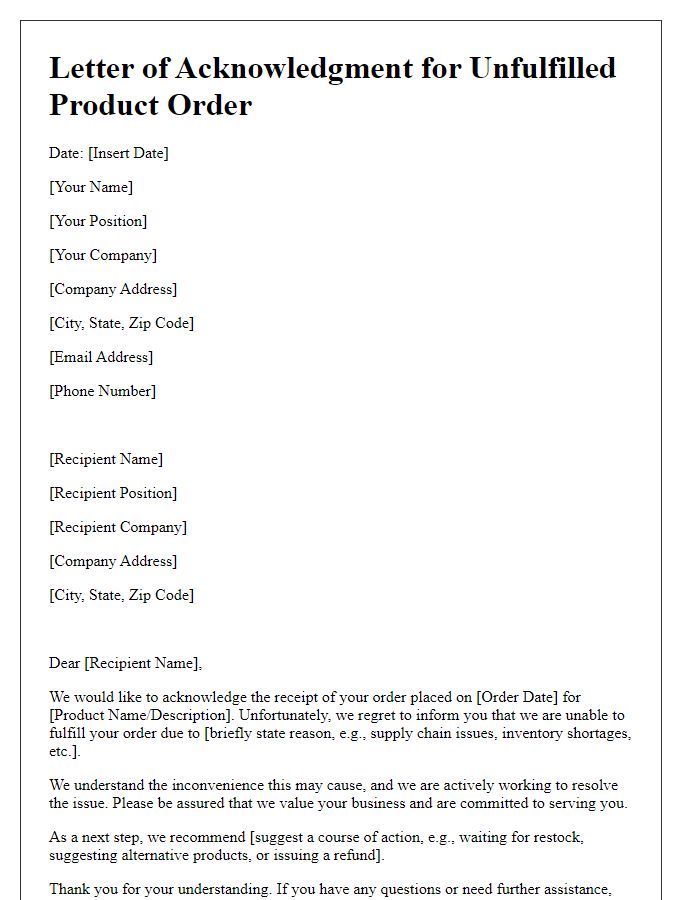 Letter template of acknowledgment for unfulfilled product orders