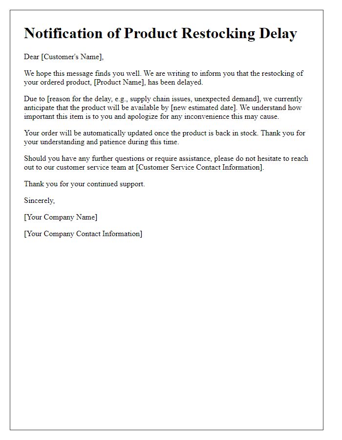 Letter template of notification for product restocking delay