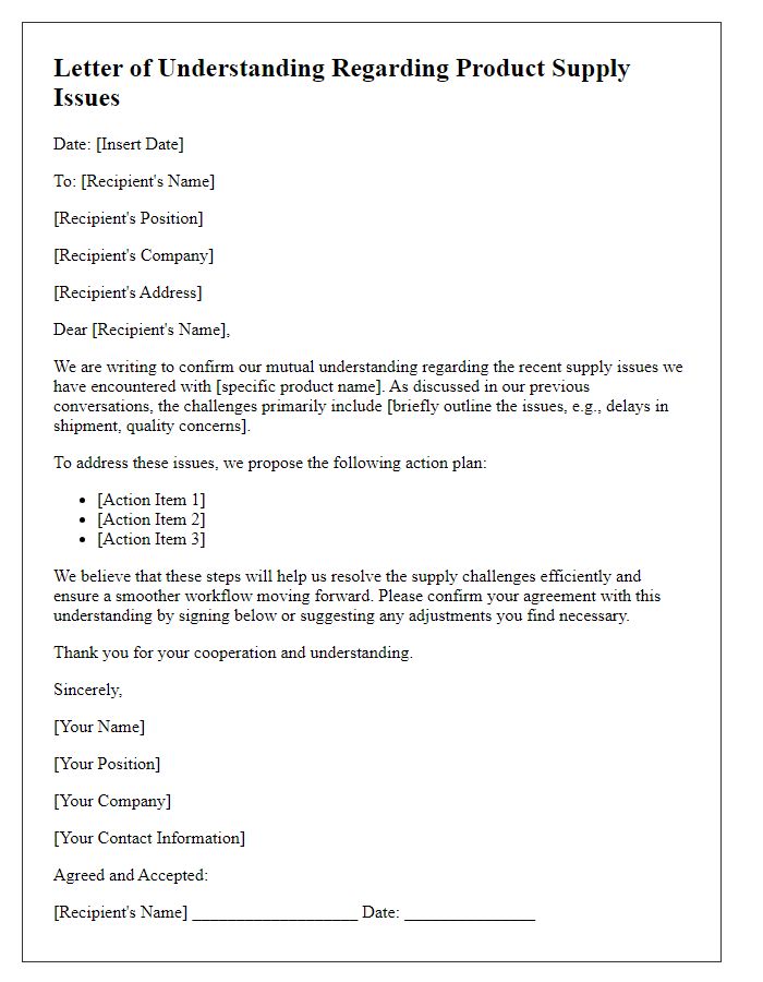 Letter template of understanding for product supply issues