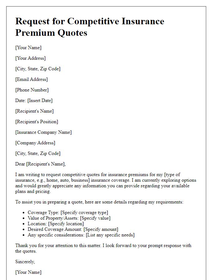 Letter template of request for competitive insurance premium quotes