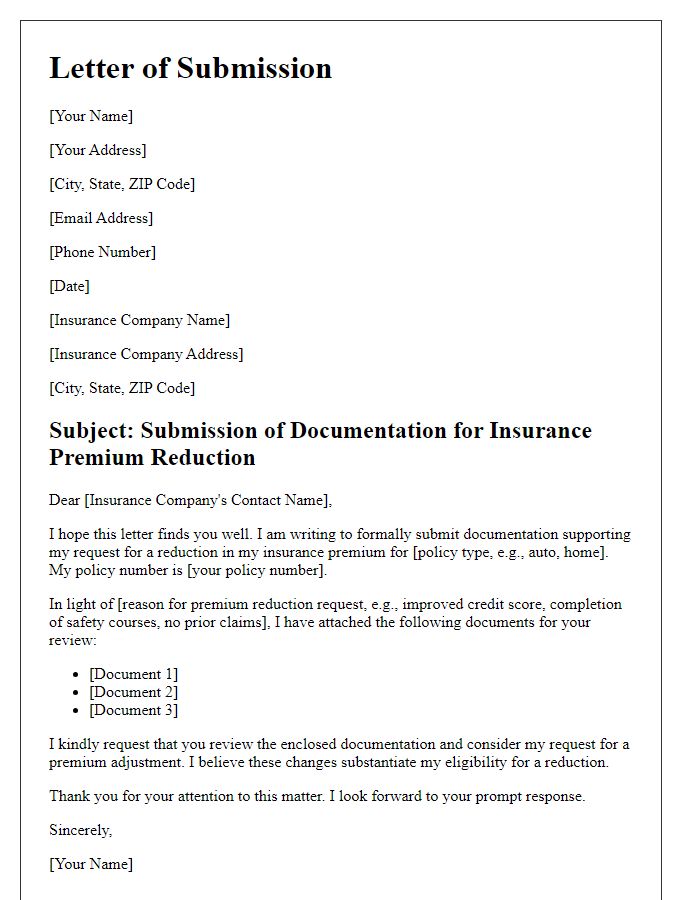 Letter template of submission for documentation supporting insurance premium reduction