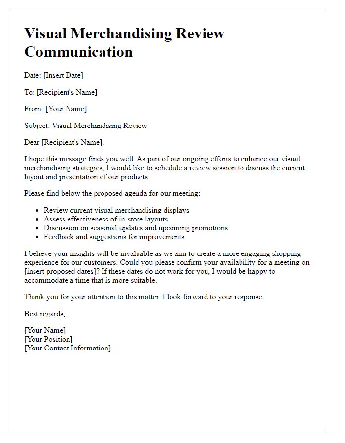 Letter template of communication for visual merchandising review