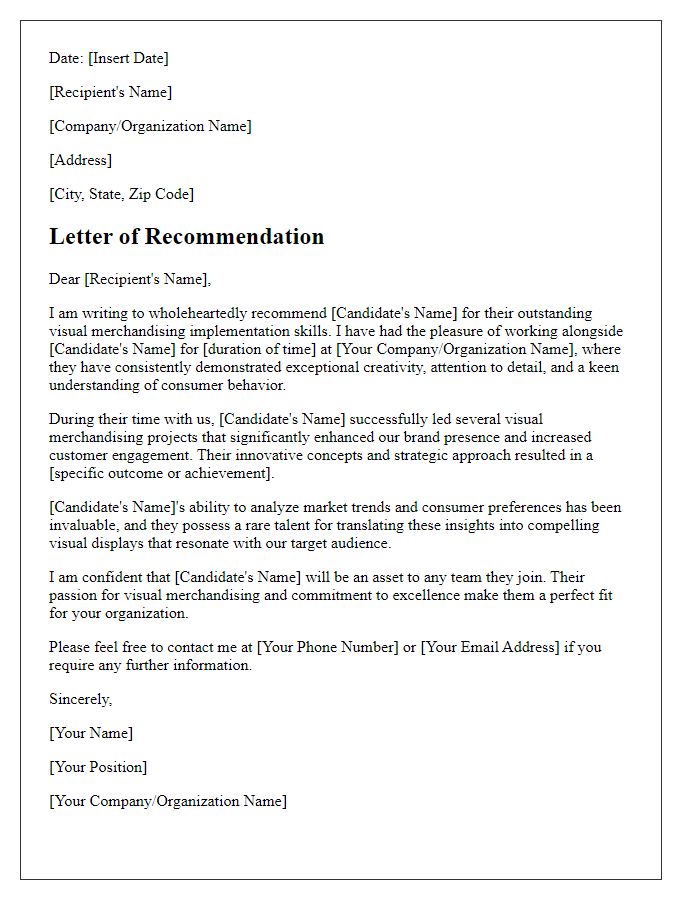 Letter template of recommendation for visual merchandising implementation