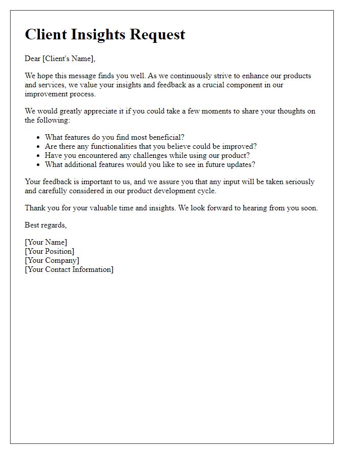 Letter template of Client Insights for Product Improvement