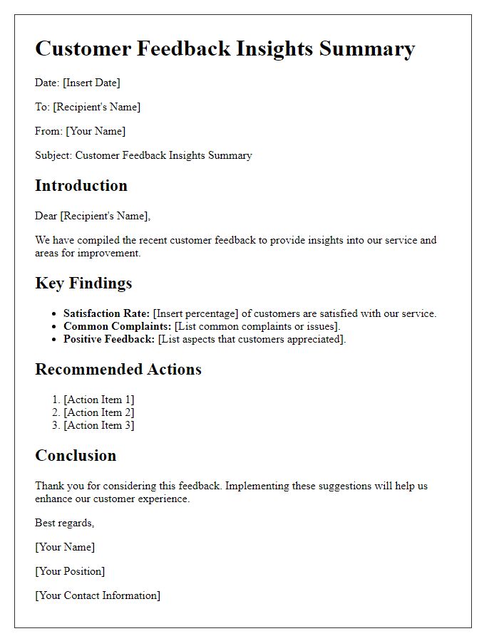 Letter template of Customer Feedback Insights Summary