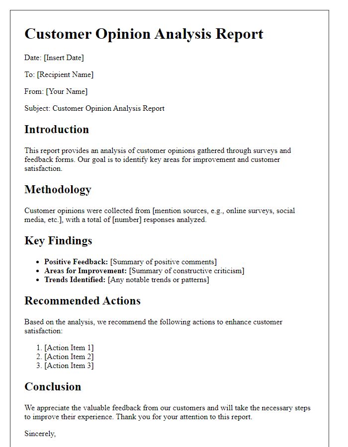 Letter template of Customer Opinion Analysis Report