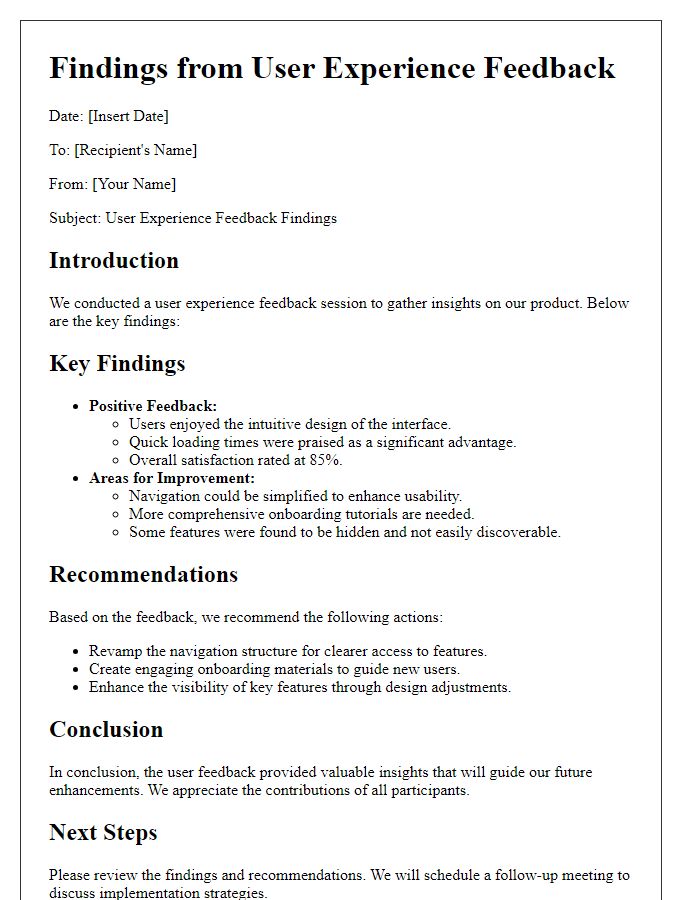 Letter template of Findings from User Experience Feedback