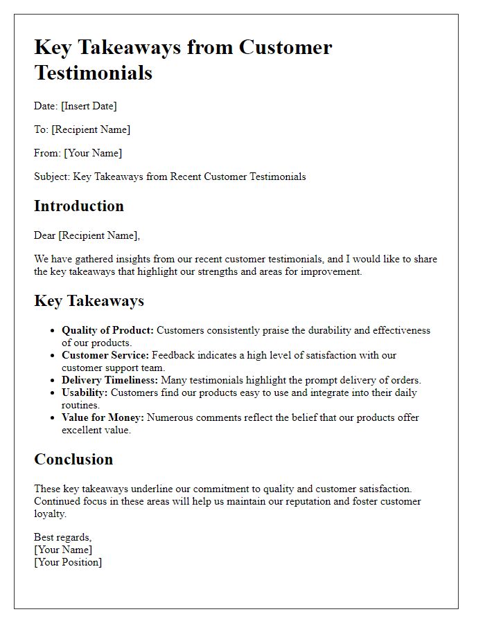 Letter template of Key Takeaways from Customer Testimonials