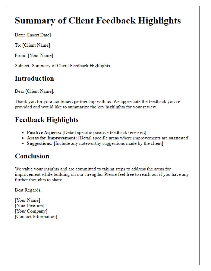 Letter template of Summary of Client Feedback Highlights