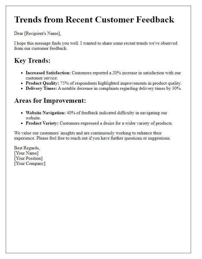 Letter template of Trends from Recent Customer Feedback