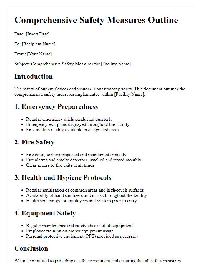 Letter template of comprehensive safety measures outline for facility.