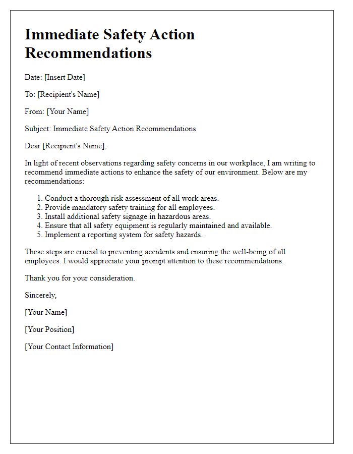 Letter template of immediate safety action recommendations.