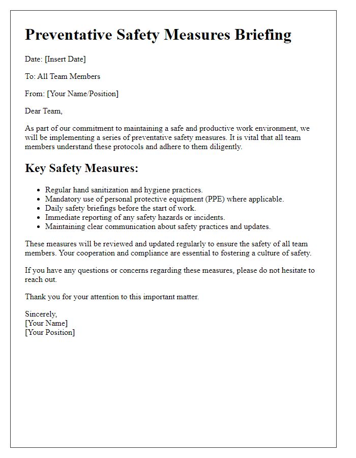 Letter template of preventative safety measures briefing for team members.