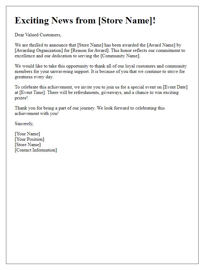 Letter template of announcing store award in community newsletter