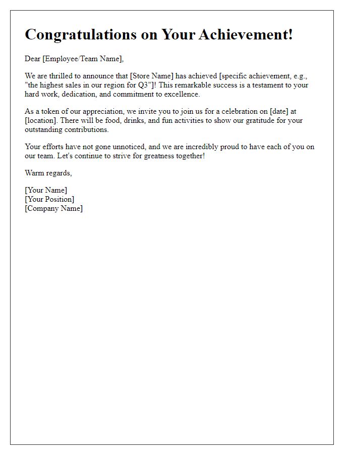 Letter template of celebrating store achievement recognition