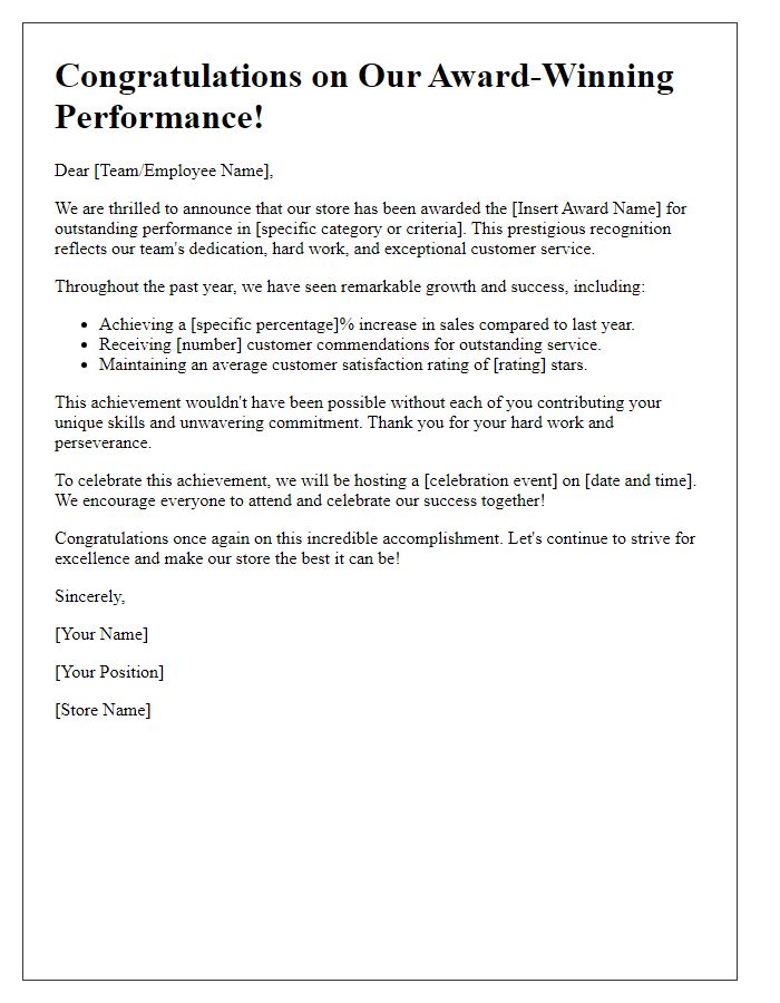 Letter template of detailing store's award-winning performance