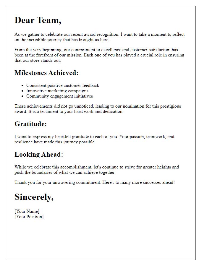 Letter template of reflecting on stores award recognition journey