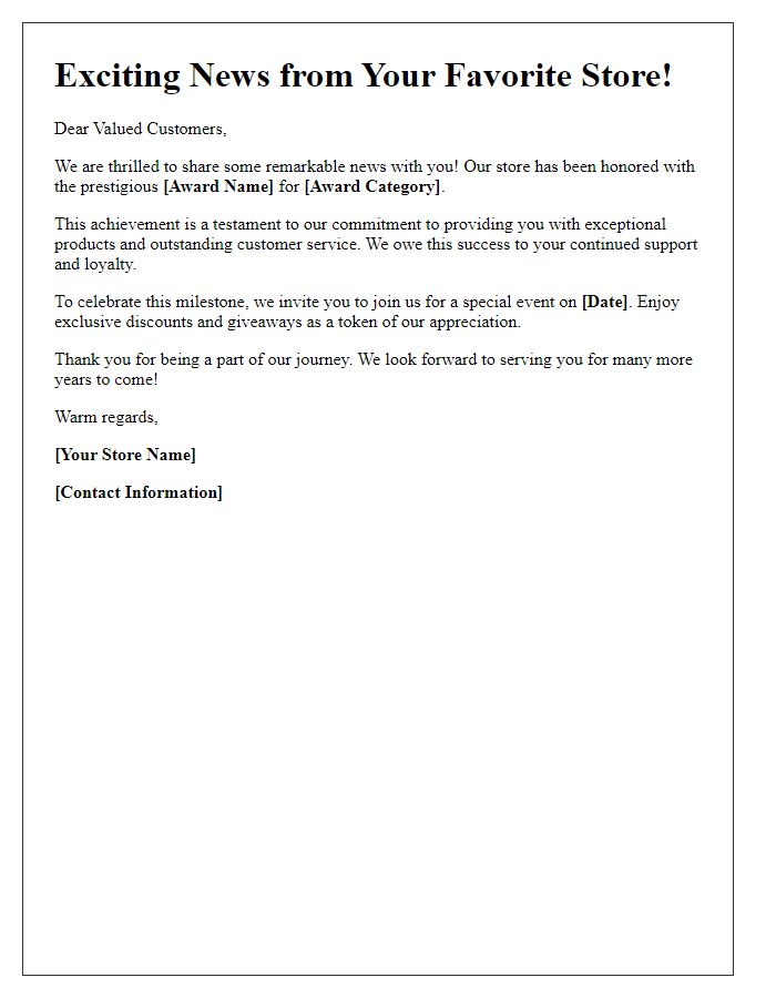 Letter template of sharing store award news with customers