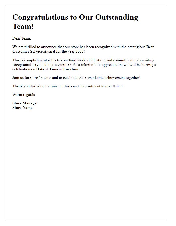 Letter template of store award recognition announcement