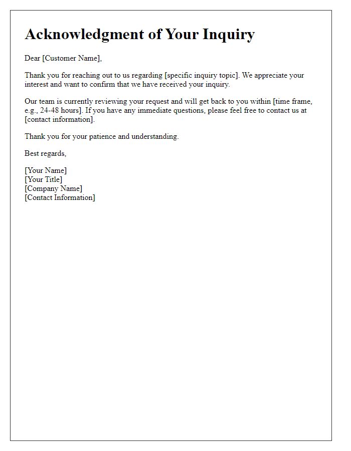 Letter template of acknowledgment for customer inquiry