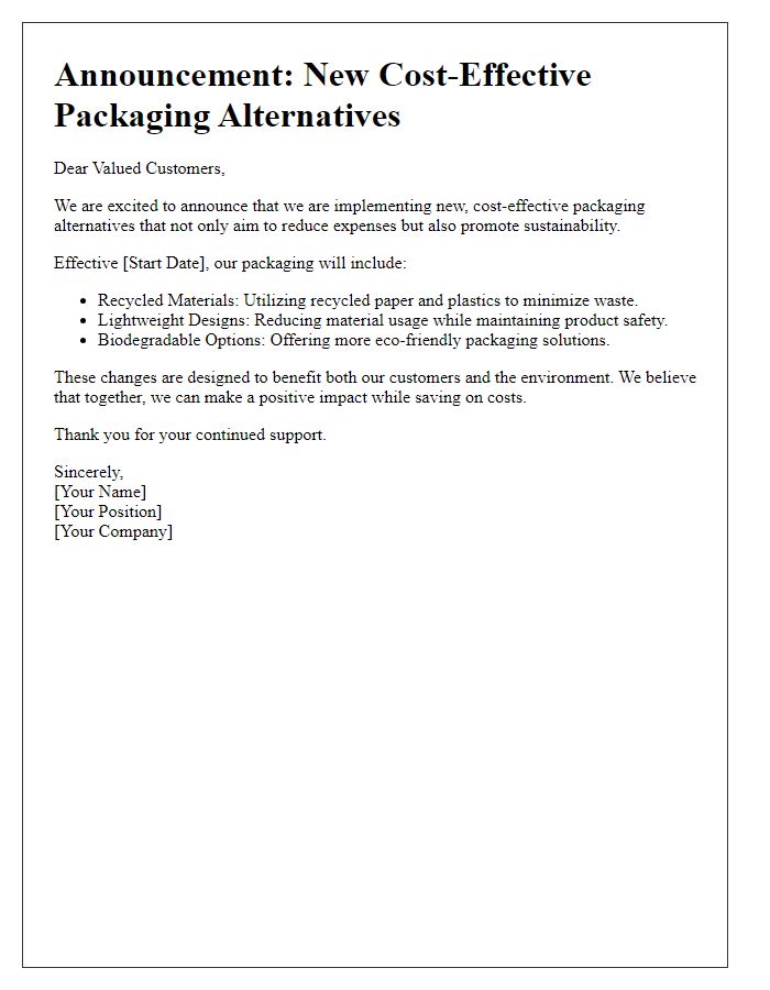 Letter template of cost-effective packaging alternatives announcement