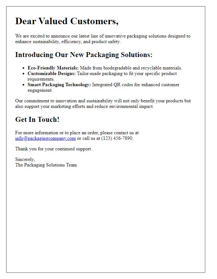 Letter template of innovative packaging solutions announcement