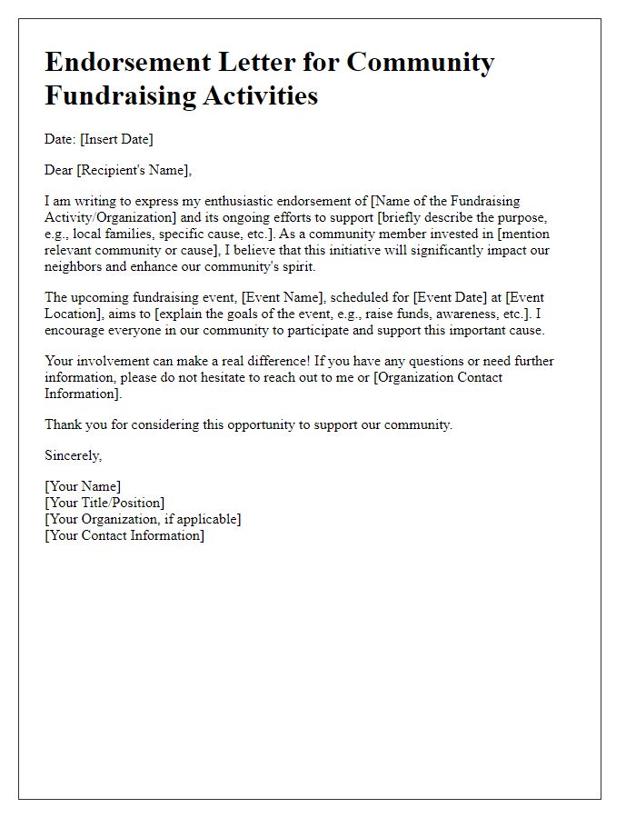 Letter template of endorsement for community fundraising activities