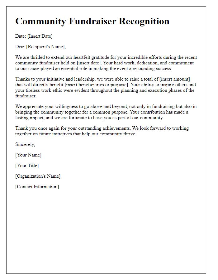 Letter template of recognition for successful community fundraiser