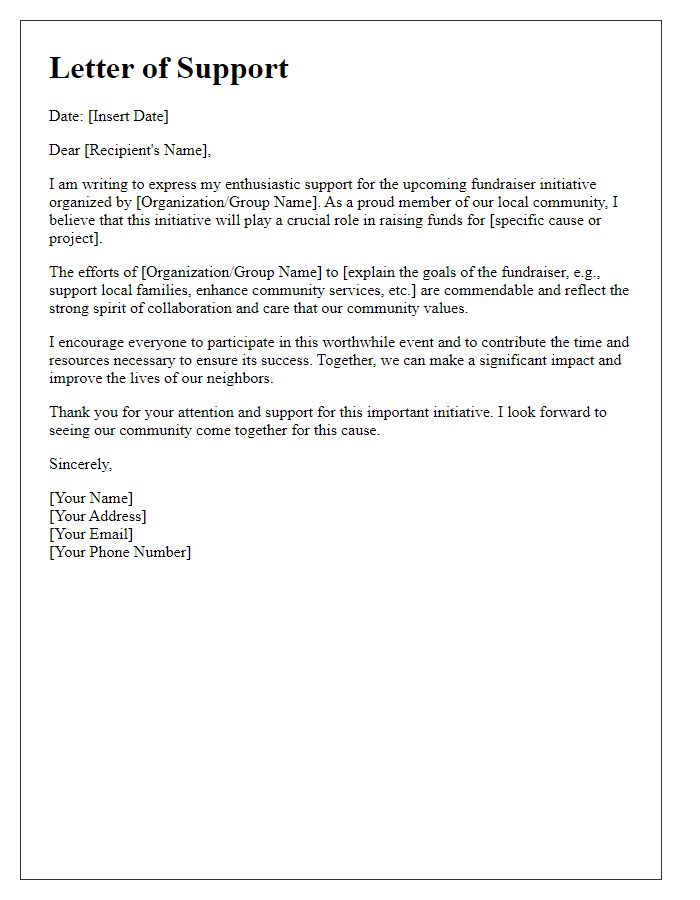 Letter template of support for local community fundraiser initiative