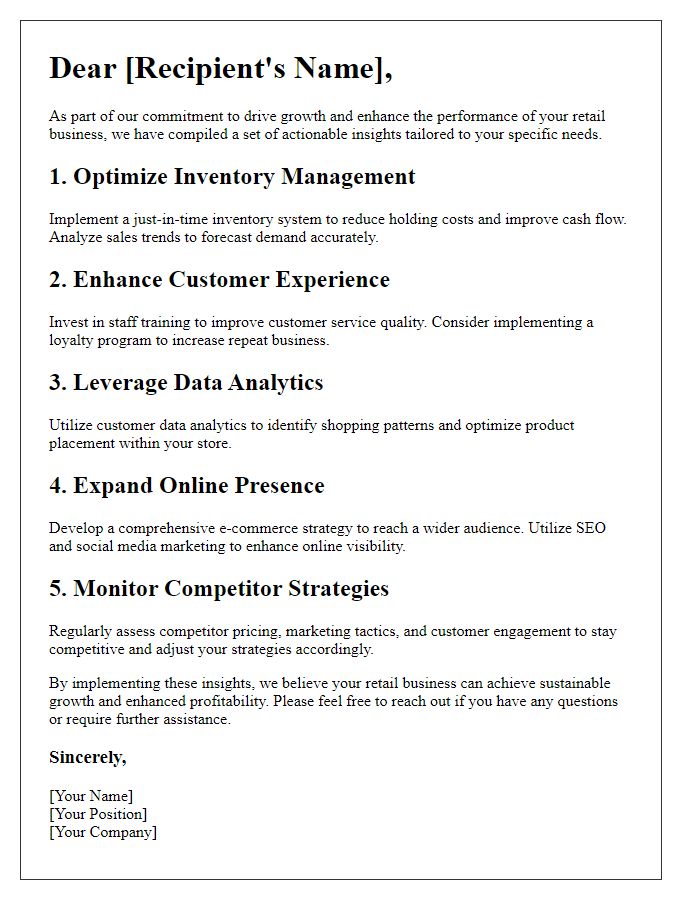 Letter template of actionable insights for retail business growth.