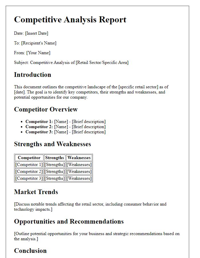 Letter template of competitive analysis within the retail sector.