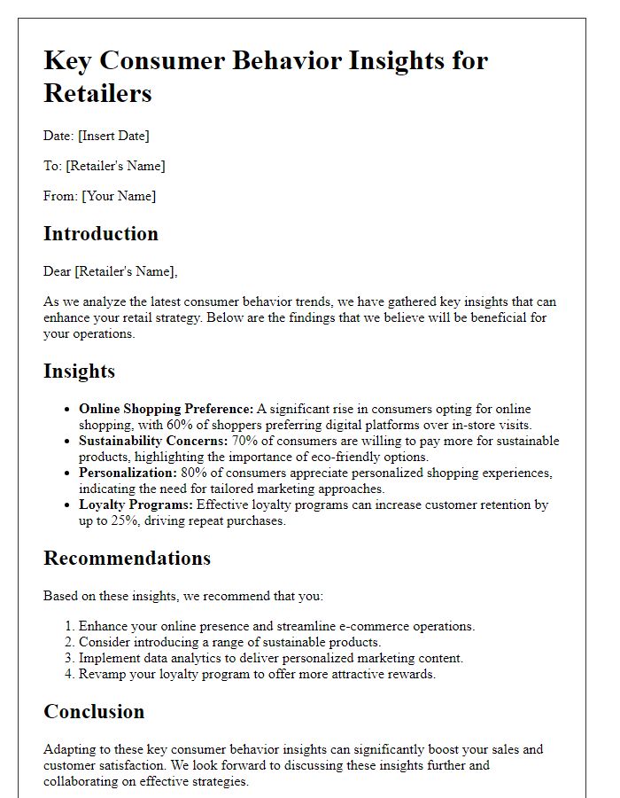Letter template of key consumer behavior insights for retailers.