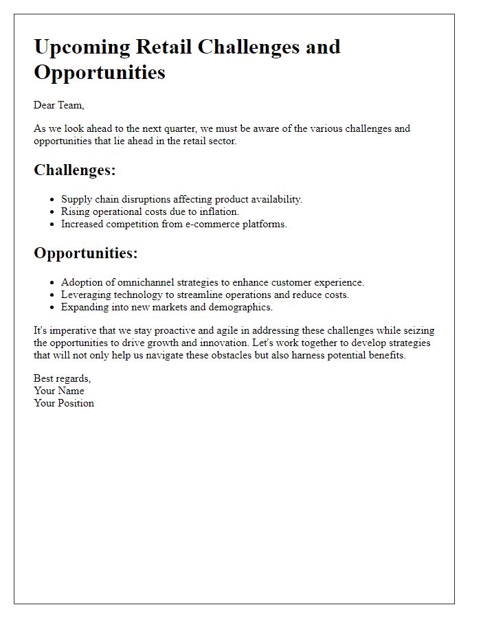 Letter template of upcoming retail challenges and opportunities.