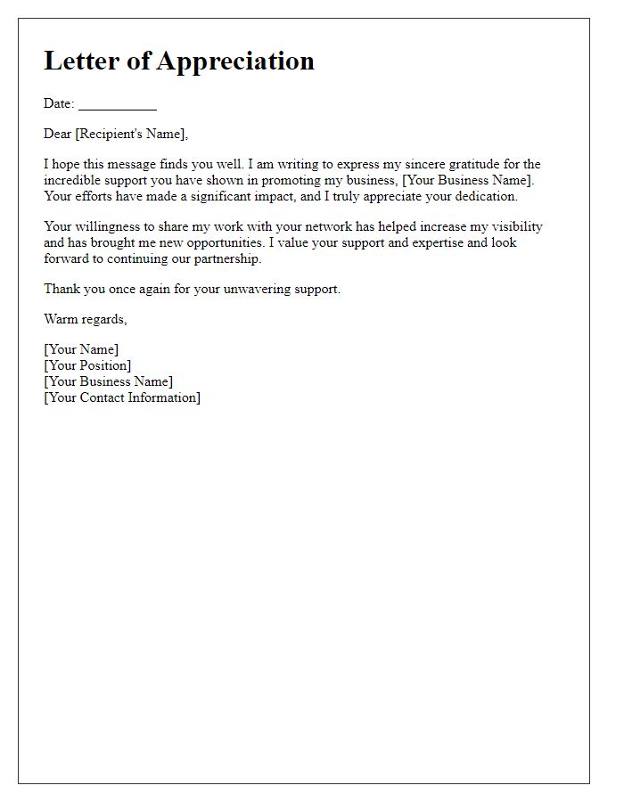 Letter template of appreciation for promoting my business