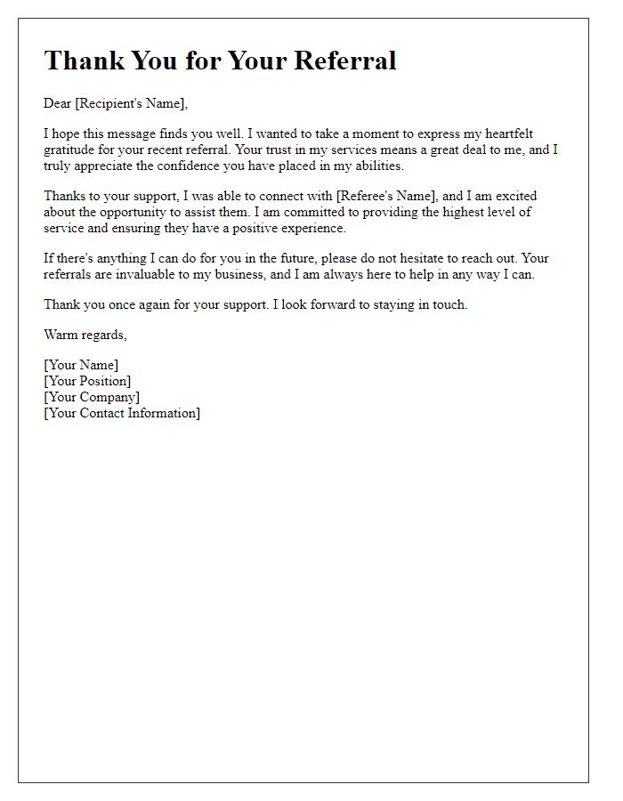 Letter template of sincere thanks for the referral support