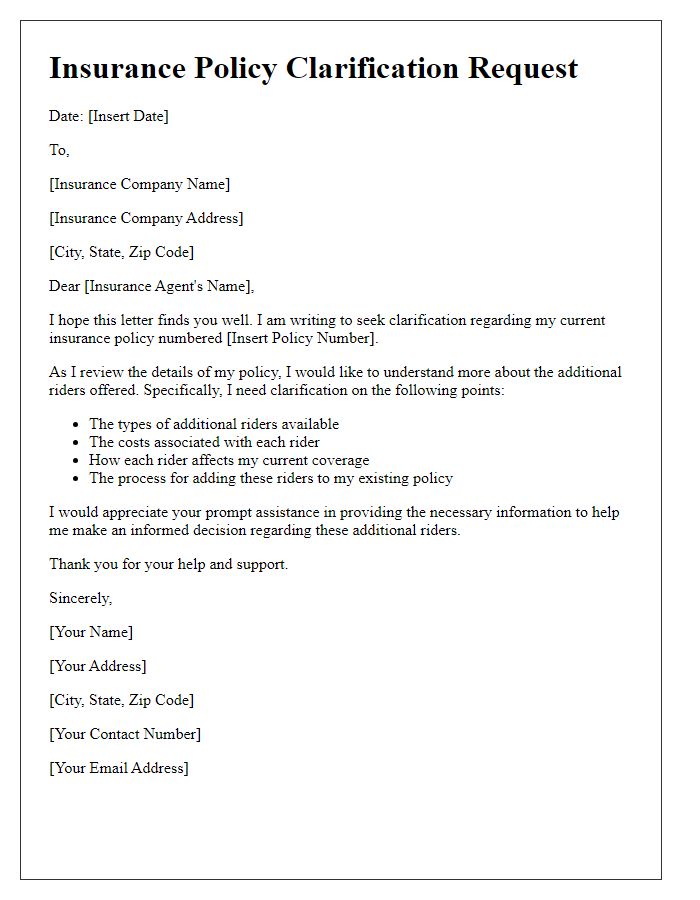 Letter template of insurance policy clarification needed for additional riders