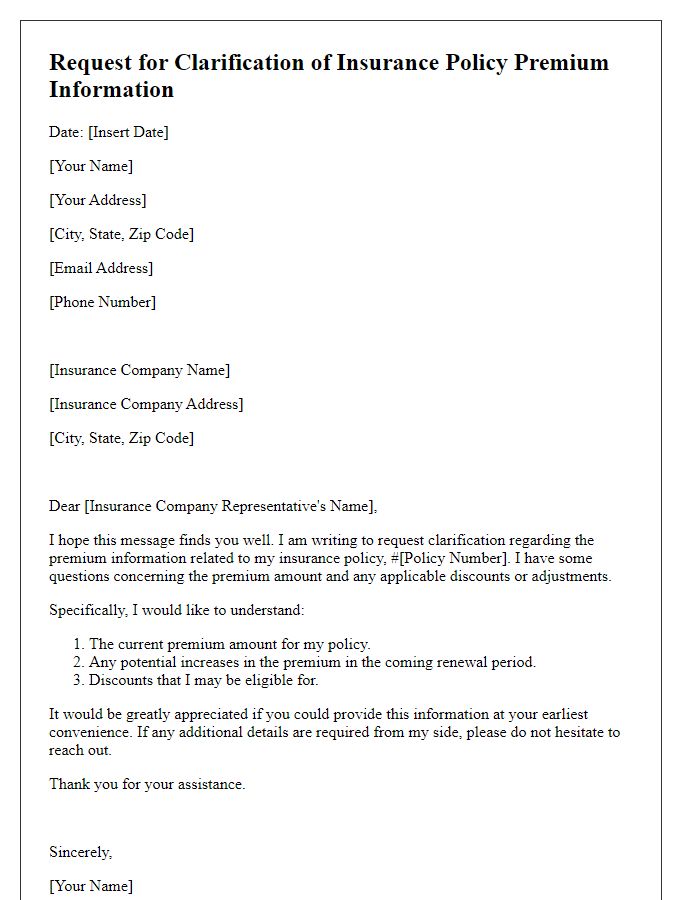 Letter template of insurance policy clarification request for premium information