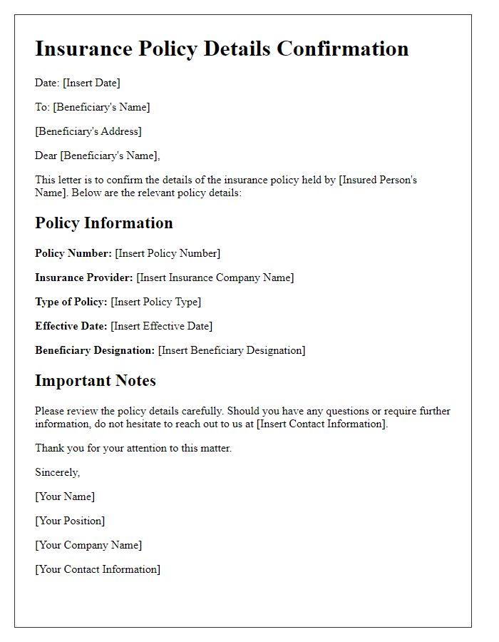 Letter template of insurance policy details confirmation for beneficiary information