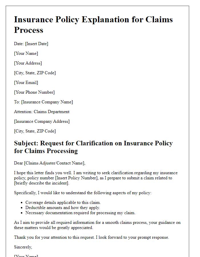 Letter template of insurance policy explanation needed for claims process