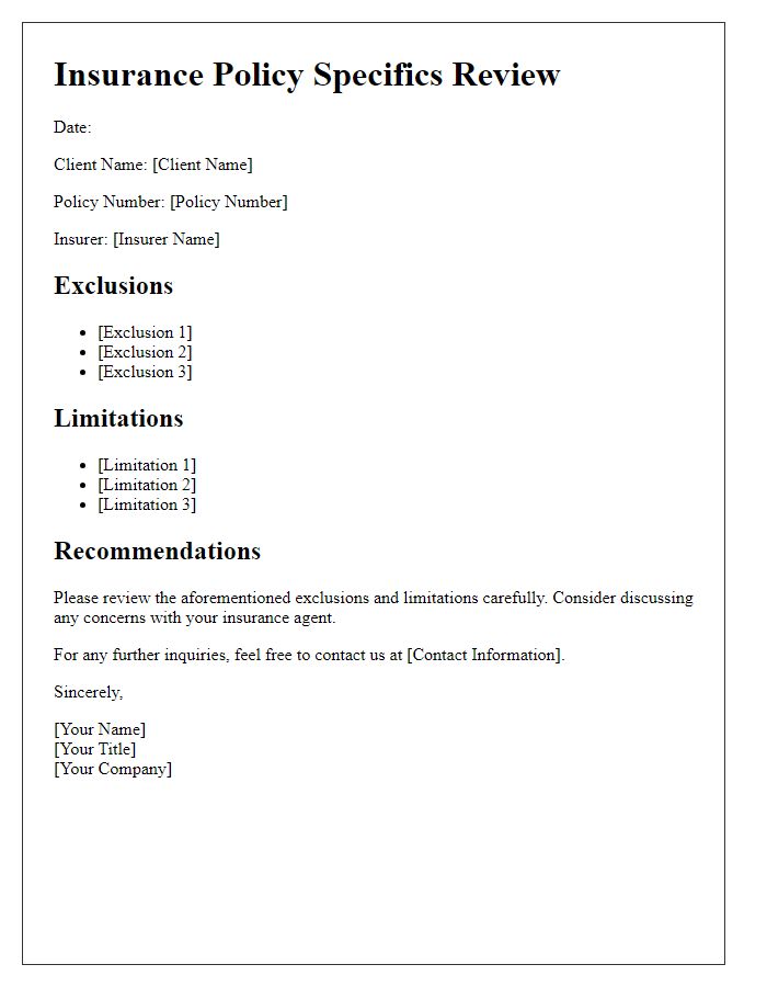 Letter template of insurance policy specifics check for exclusions and limitations