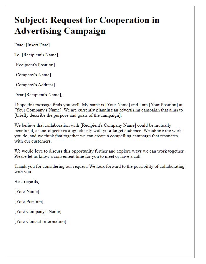 Letter template of cooperation request for advertising campaign