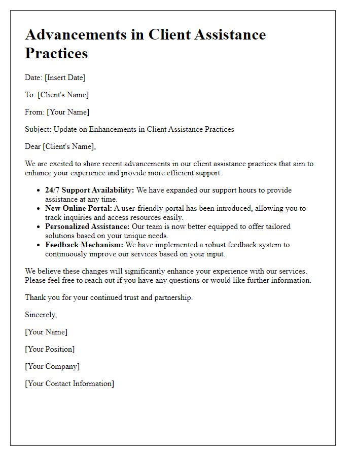 Letter template of advancements in client assistance practices