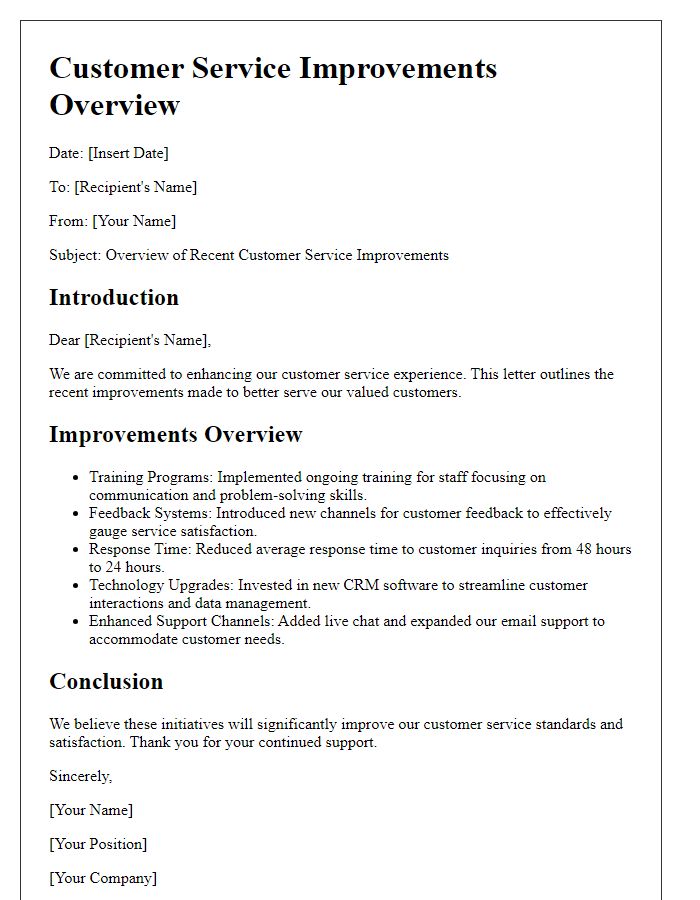 Letter template of customer service improvements overview