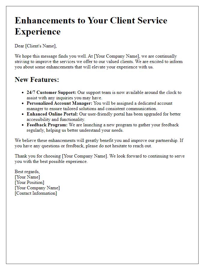 Letter template of enhancements to client service experience