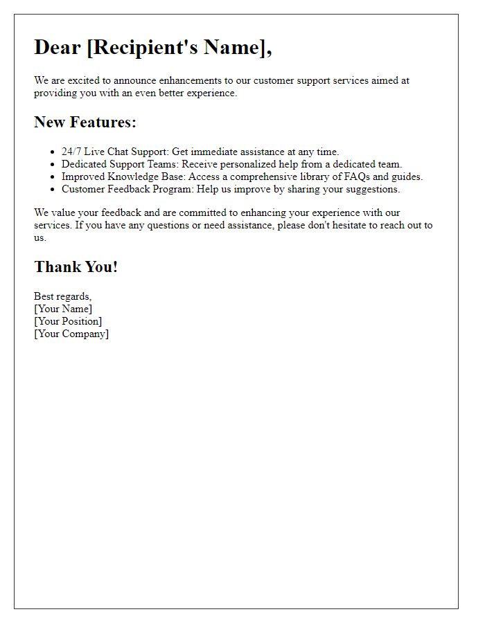 Letter template of enhancements in customer support